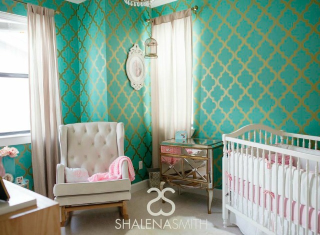 Hollywood Glam Nursery with Graphic Turquoise Wallpaper - Project Nursery
