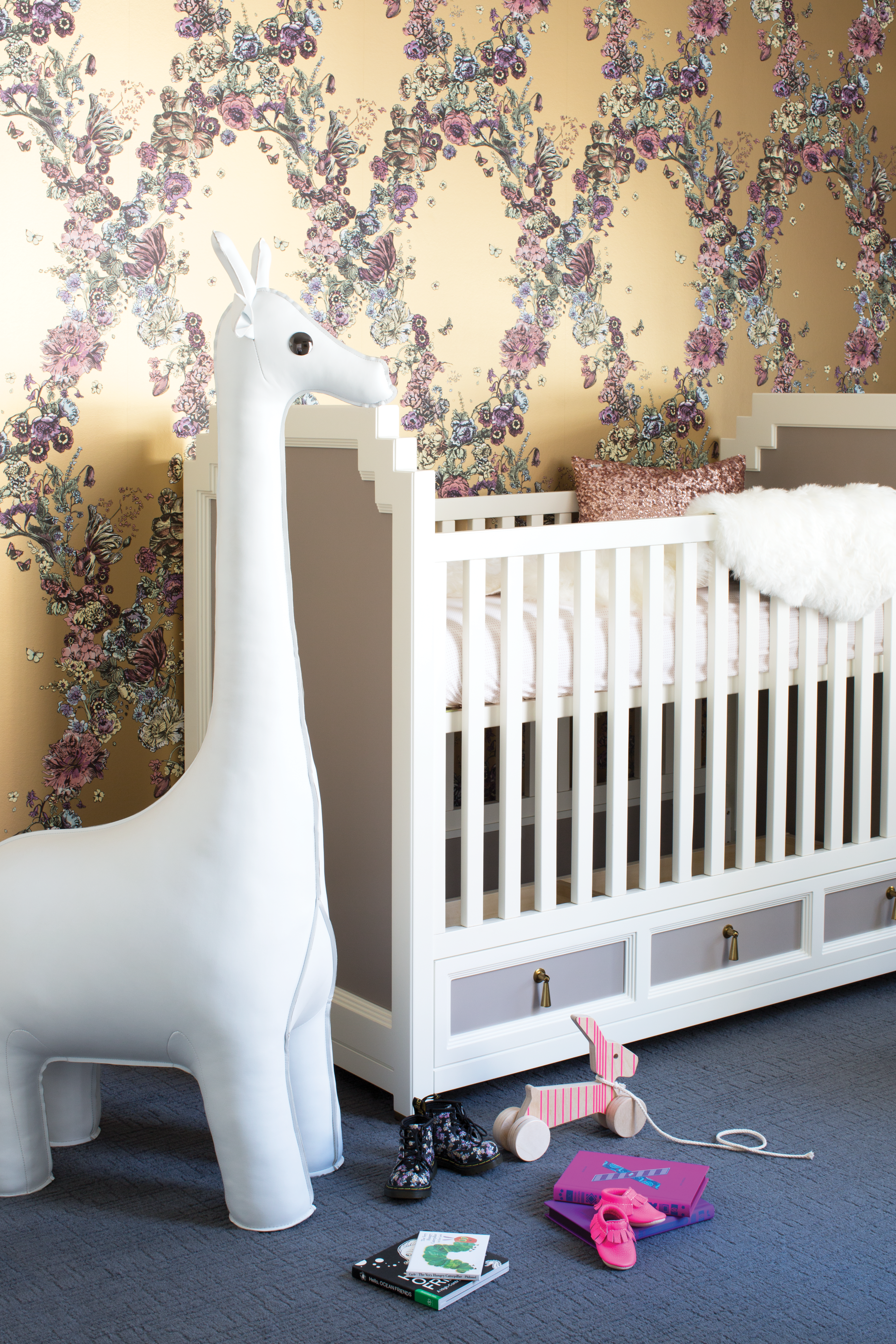 Gold and Purple Floral Wallpaper in Nursery