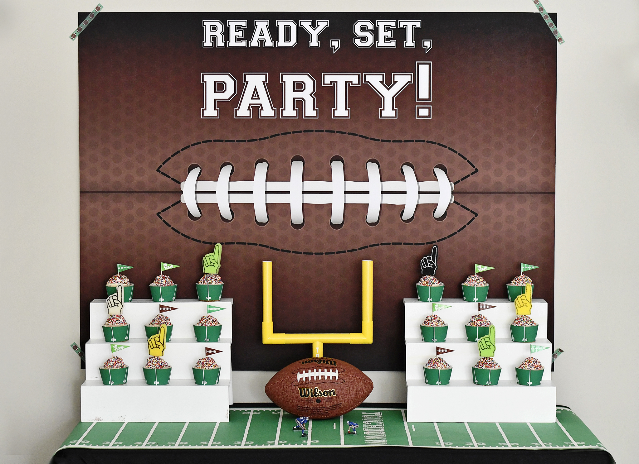 Football Cake Table Backdrop and Cupcake Stadium Bleachers
